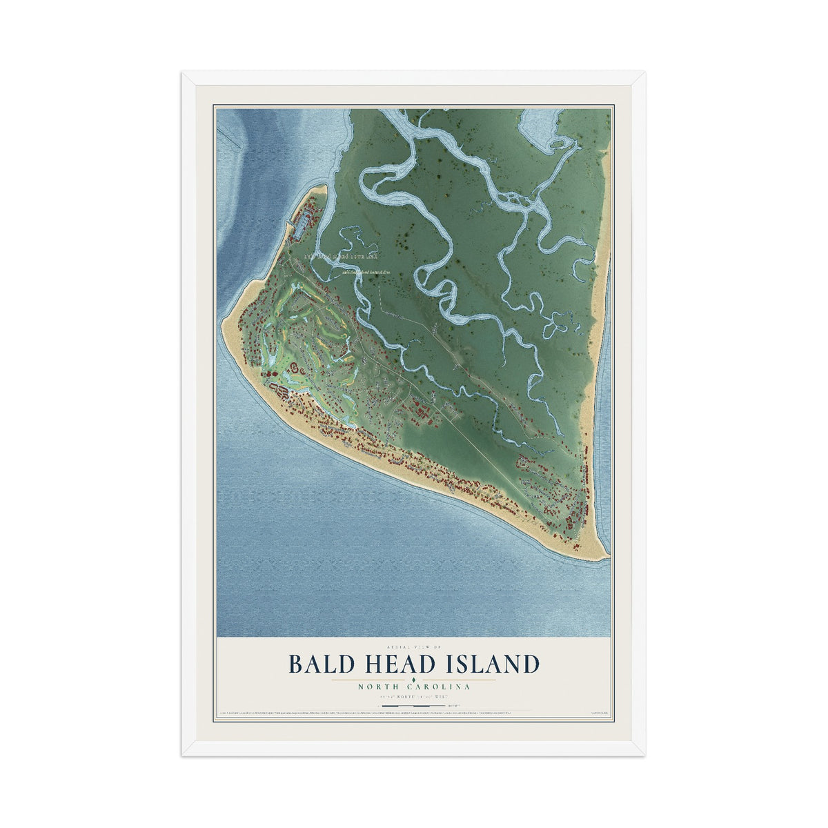 Map of Bald Head Island, North Carolina, 12 x 18 inch print in a white wood frame