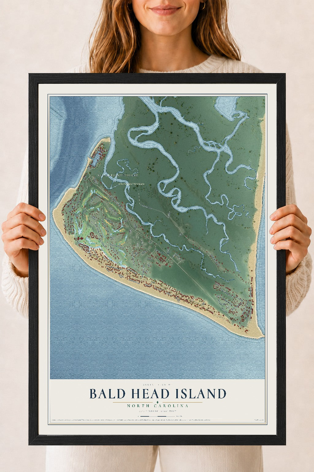 Map of Bald Head Island, North Carolina, 18 x 24 inch print in a black wood frame