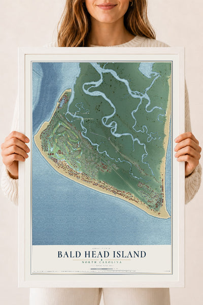 Map of Bald Head Island, North Carolina, 18 x 24 inch print in a white wood frame