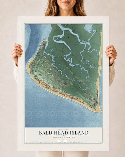 Map of Bald Head Island, North Carolina, 24 x 36 inch print in a white wood frame