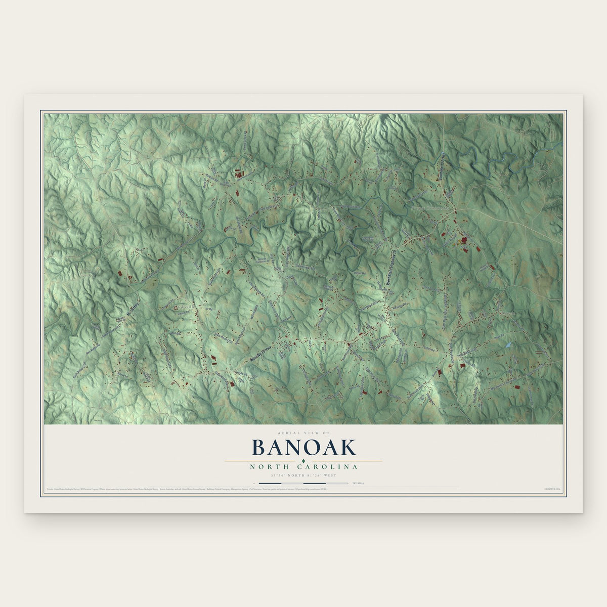 Banoak, North Carolina map print, the full design