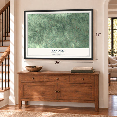 Banoak, North Carolina map, 24 x 36 inch print in a black frame above a dresser by a staircase