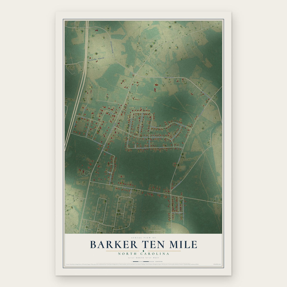 Barker Ten Mile, North Carolina map print, the full design