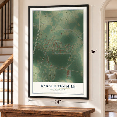 Barker Ten Mile, North Carolina map, 24 x 36 inch print in a black frame by a staircase