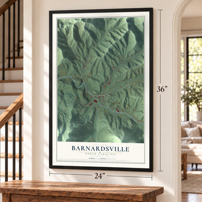 Barnardsville, North Carolina map, 24 x 36 inch print in a black frame by a staircase