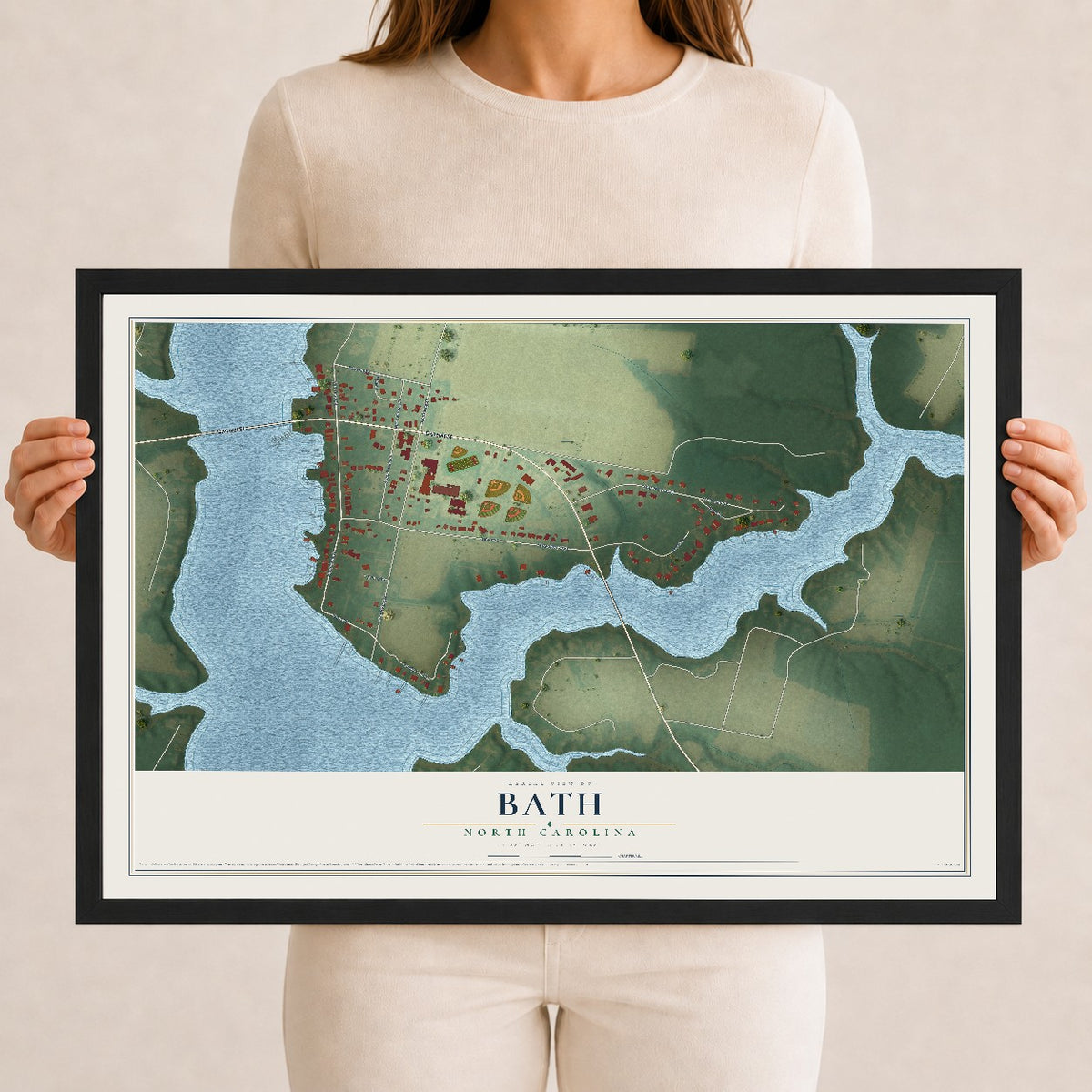 Map of Bath, North Carolina, 12 x 18 inch print in a black wood frame