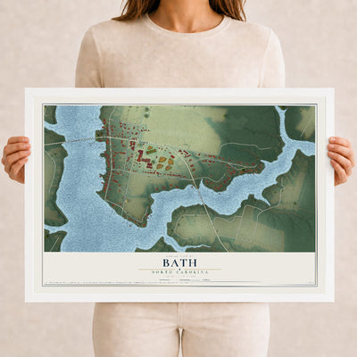 Map of Bath, North Carolina, 12 x 18 inch print in a white wood frame
