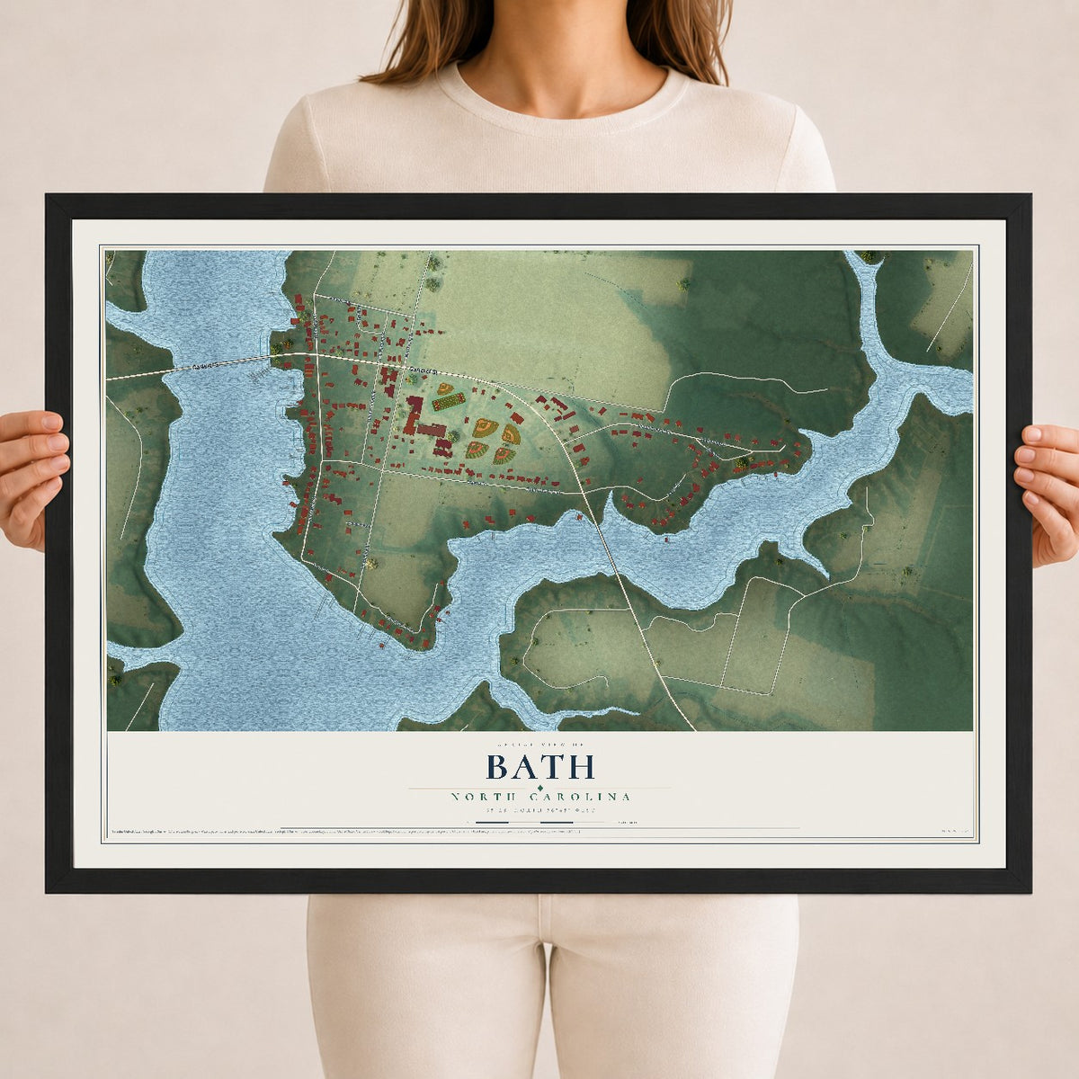 Map of Bath, North Carolina, 18 x 24 inch print in a black wood frame