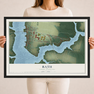 Map of Bath, North Carolina, 18 x 24 inch print in a black wood frame