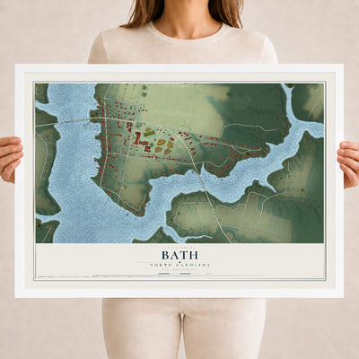 Map of Bath, North Carolina, 18 x 24 inch print in a white wood frame