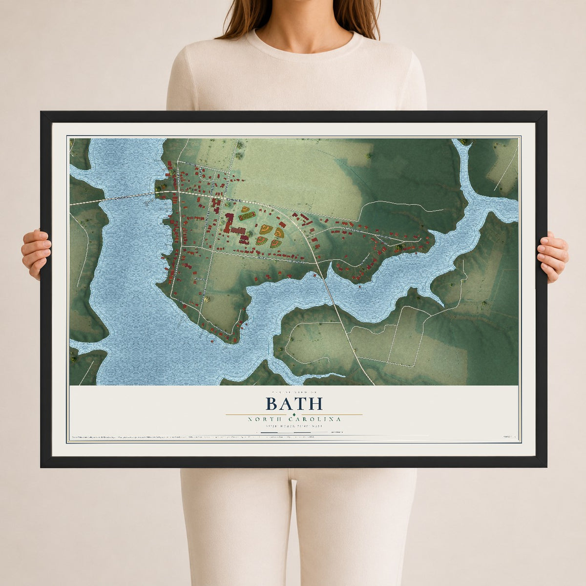 Map of Bath, North Carolina, 24 x 36 inch print in a black wood frame