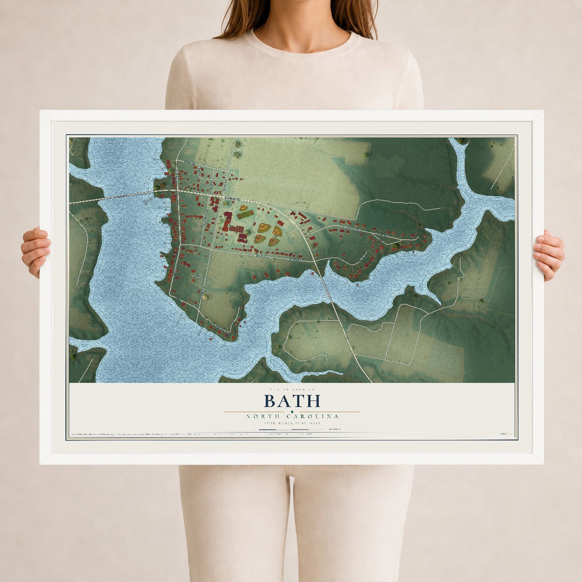 Map of Bath, North Carolina, 24 x 36 inch print in a white wood frame