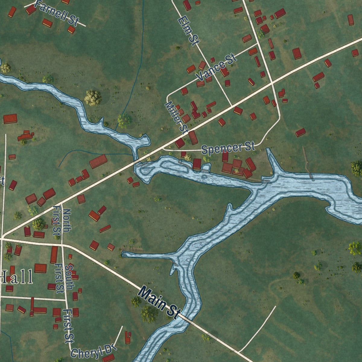 Close-up of the map of Bayboro, North Carolina print showing street and building detail