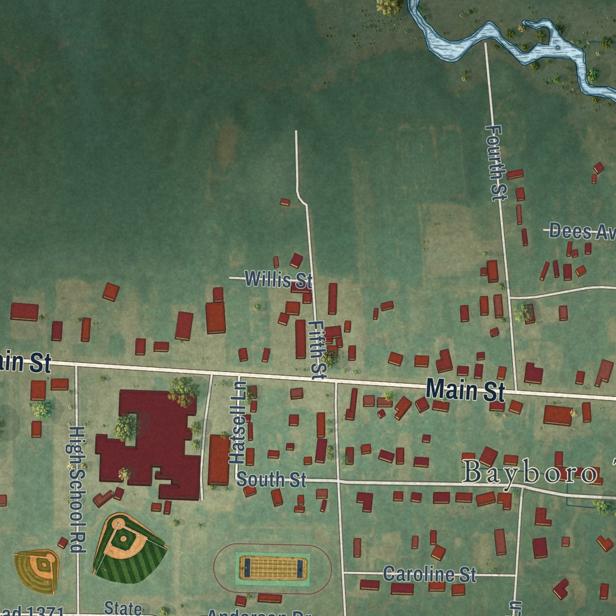 Second close-up of the map of Bayboro, North Carolina print showing more streets and buildings