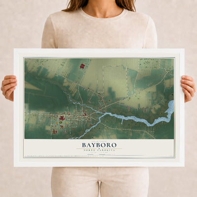 Map of Bayboro, North Carolina, 12 x 18 inch print in a white wood frame