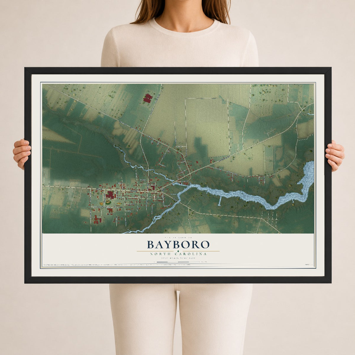 Map of Bayboro, North Carolina, 24 x 36 inch print in a black wood frame