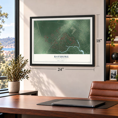 Bayshore, North Carolina map, 18 x 24 inch print in a black frame in a home office
