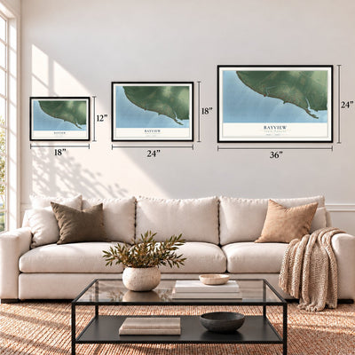 Bayview, North Carolina map in 12 x 18, 18 x 24 and 24 x 36 inch sizes above a sofa