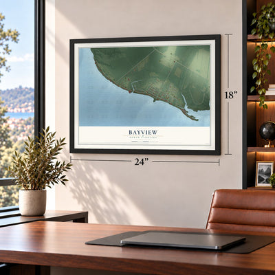 Bayview, North Carolina map, 18 x 24 inch print in a black frame in a home office