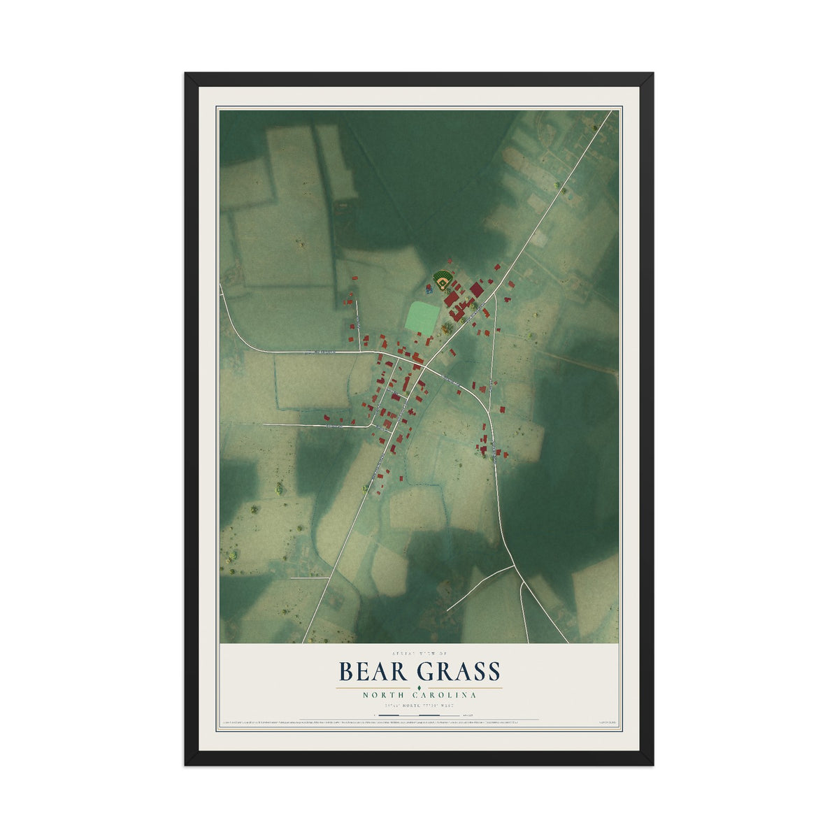 Map of Bear Grass, North Carolina, 12 x 18 inch print in a black wood frame