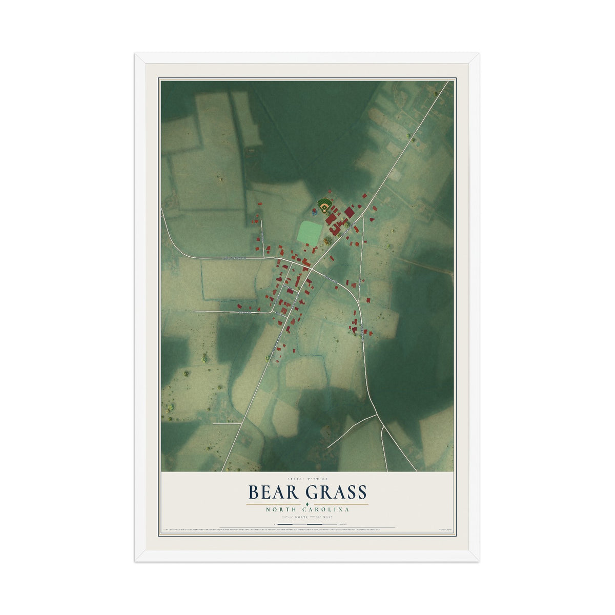 Map of Bear Grass, North Carolina, 12 x 18 inch print in a white wood frame