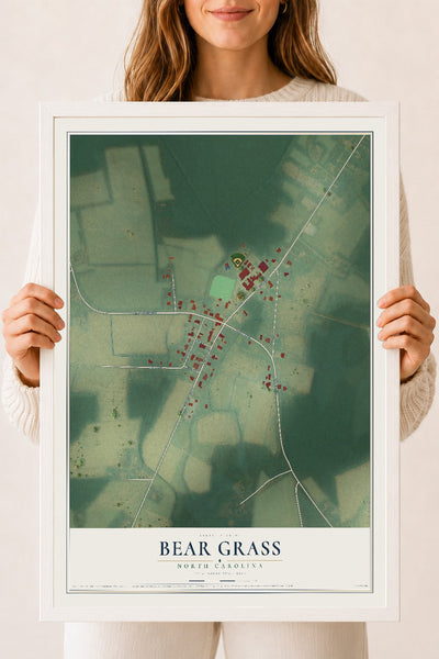 Map of Bear Grass, North Carolina, 18 x 24 inch print in a white wood frame