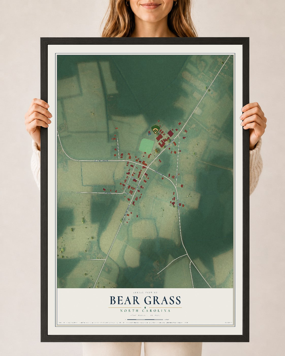 Map of Bear Grass, North Carolina, 24 x 36 inch print in a black wood frame