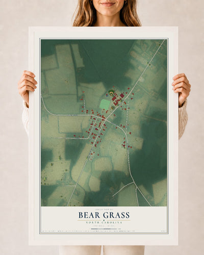 Map of Bear Grass, North Carolina, 24 x 36 inch print in a white wood frame