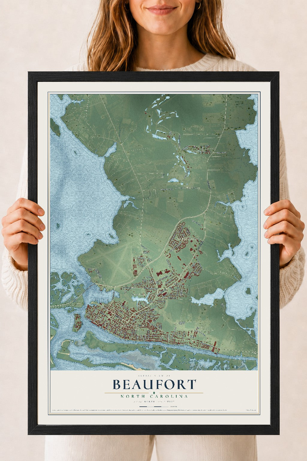 Map of Beaufort, North Carolina, 18 x 24 inch print in a black wood frame