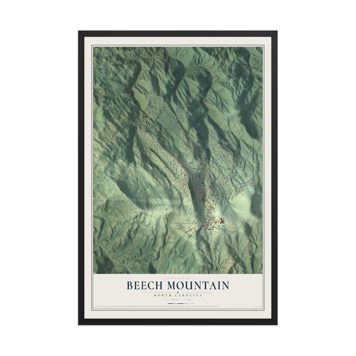 Map of Beech Mountain, North Carolina, 12 x 18 inch print in a black wood frame