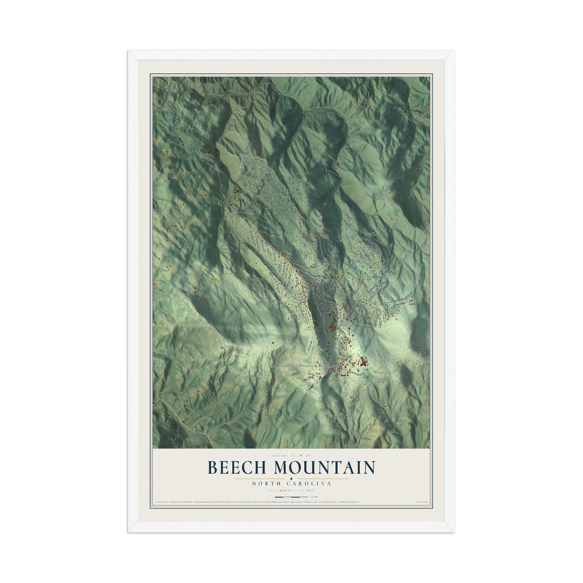 Map of Beech Mountain, North Carolina, 12 x 18 inch print in a white wood frame