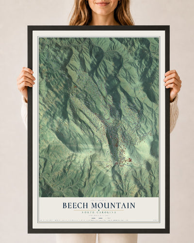 Map of Beech Mountain, North Carolina, 24 x 36 inch print in a black wood frame
