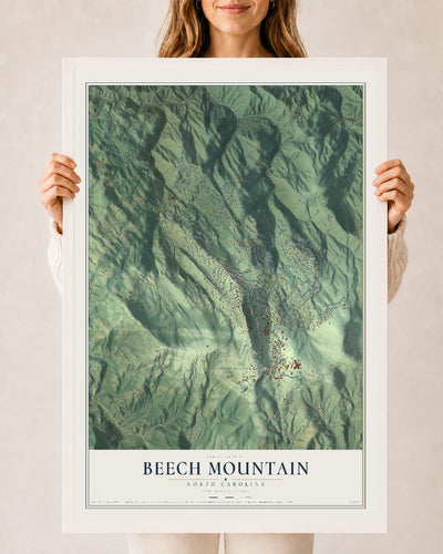 Map of Beech Mountain, North Carolina, 24 x 36 inch print in a white wood frame