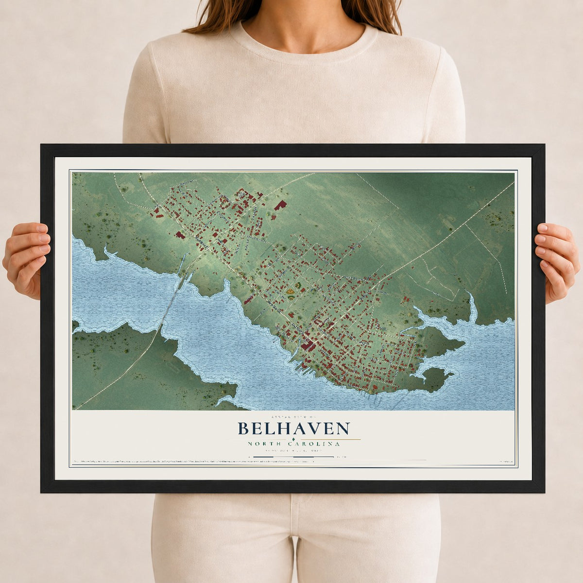 Map of Belhaven, North Carolina, 12 x 18 inch print in a black wood frame