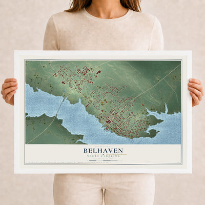 Map of Belhaven, North Carolina, 12 x 18 inch print in a white wood frame