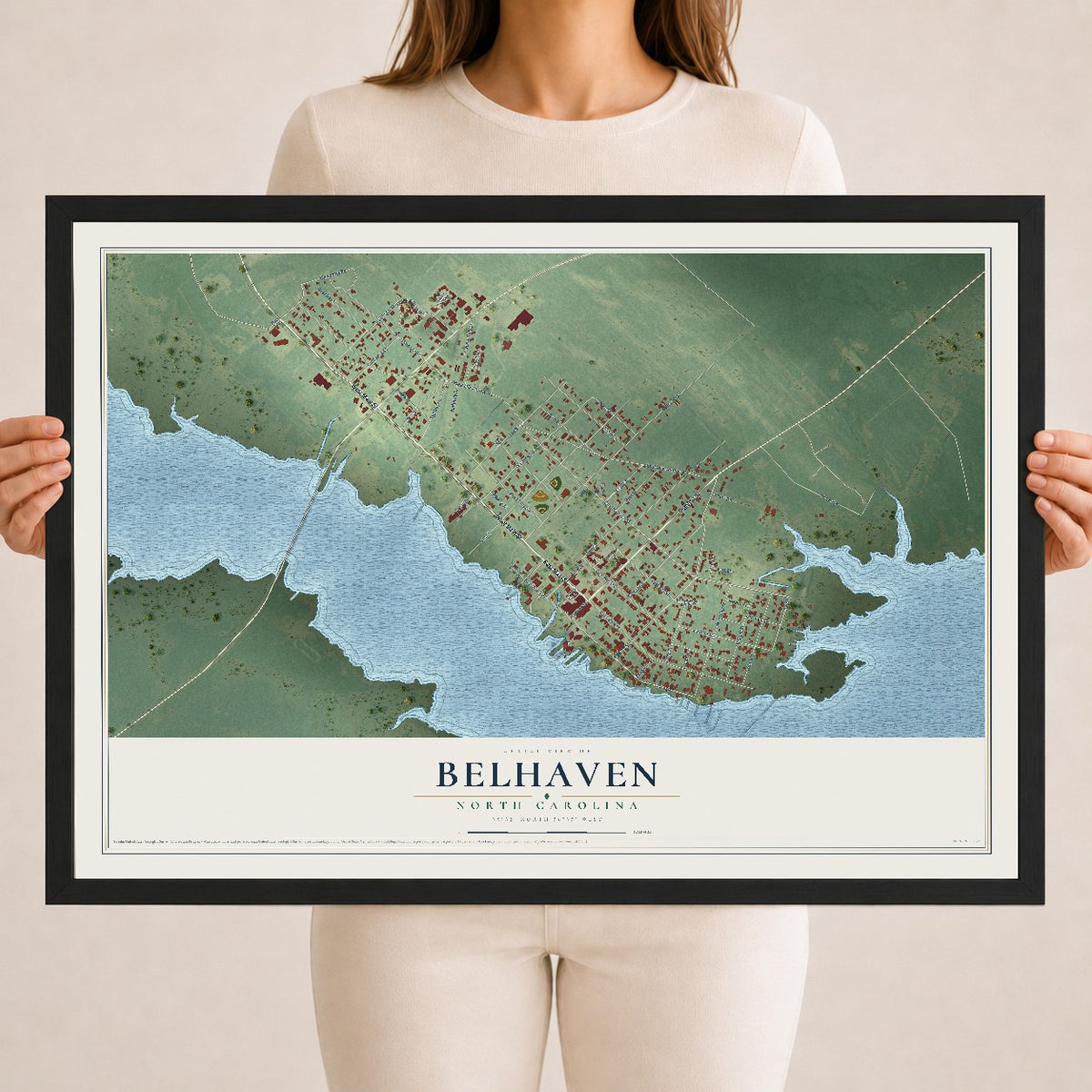 Map of Belhaven, North Carolina, 18 x 24 inch print in a black wood frame