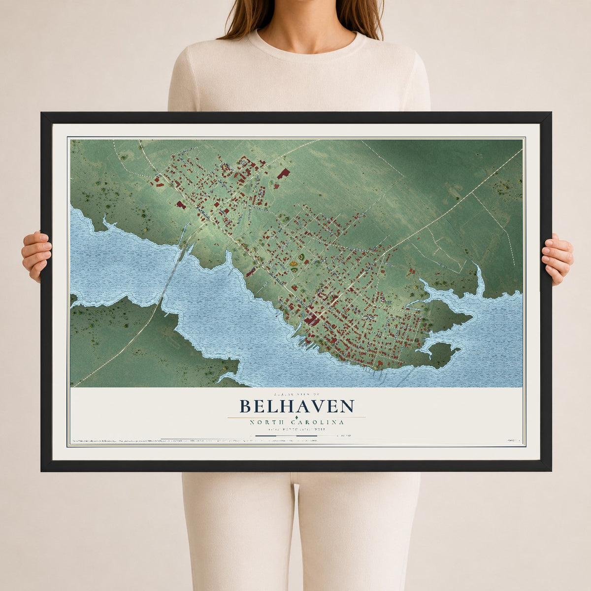 Map of Belhaven, North Carolina, 24 x 36 inch print in a black wood frame