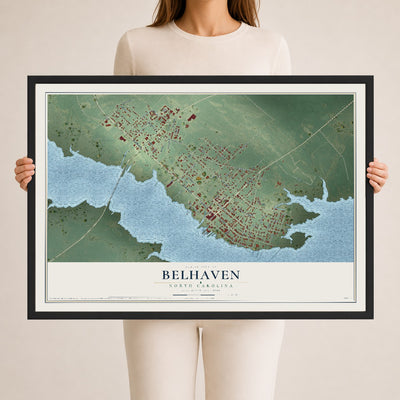 Map of Belhaven, North Carolina, 24 x 36 inch print in a black wood frame
