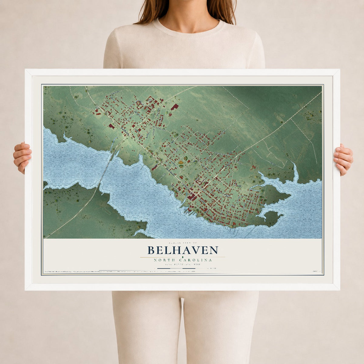 Map of Belhaven, North Carolina, 24 x 36 inch print in a white wood frame