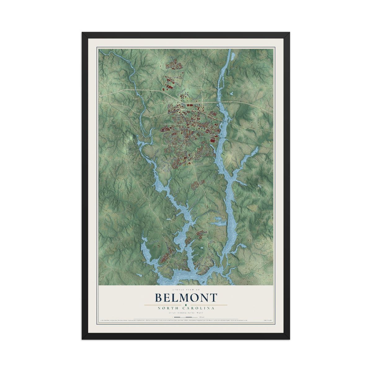 Map of Belmont, North Carolina, 12 x 18 inch print in a black wood frame