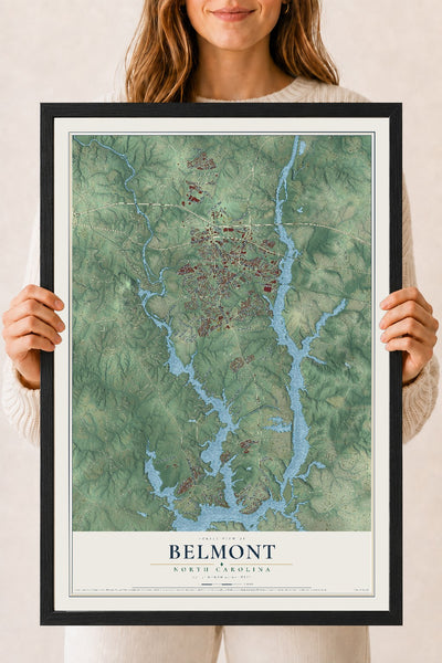Map of Belmont, North Carolina, 18 x 24 inch print in a black wood frame