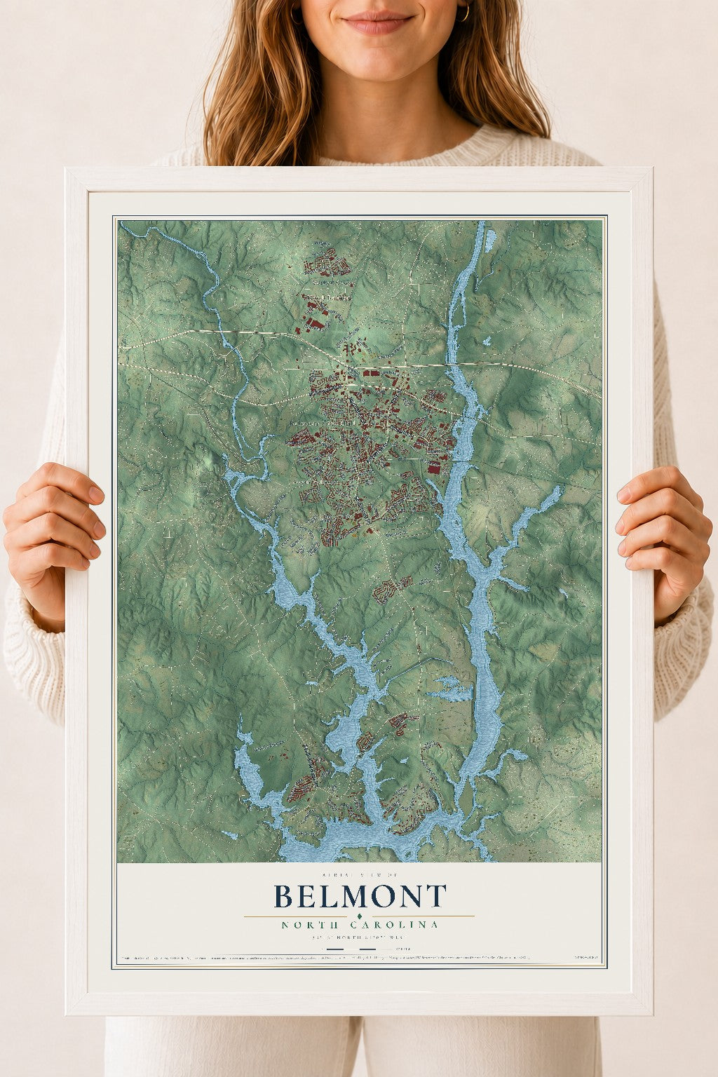 Map of Belmont, North Carolina, 18 x 24 inch print in a white wood frame