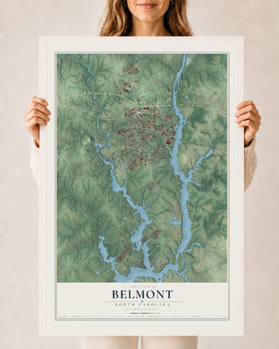 Map of Belmont, North Carolina, 24 x 36 inch print in a white wood frame