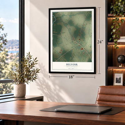 Belvoir, North Carolina map, 18 x 24 inch print in a black frame in a home office