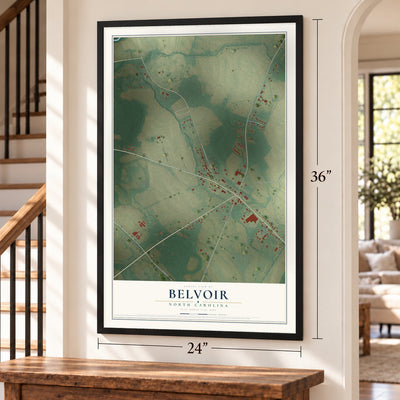 Belvoir, North Carolina map, 24 x 36 inch print in a black frame by a staircase