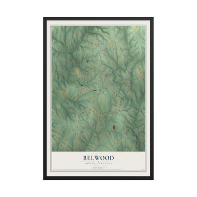 Map of Belwood, North Carolina, 12 x 18 inch print in a black wood frame