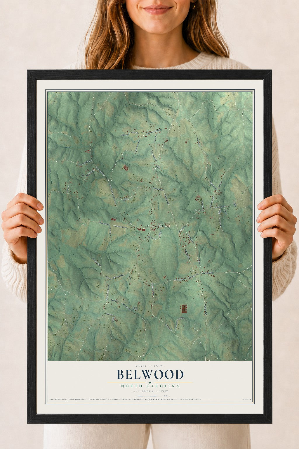 Map of Belwood, North Carolina, 18 x 24 inch print in a black wood frame