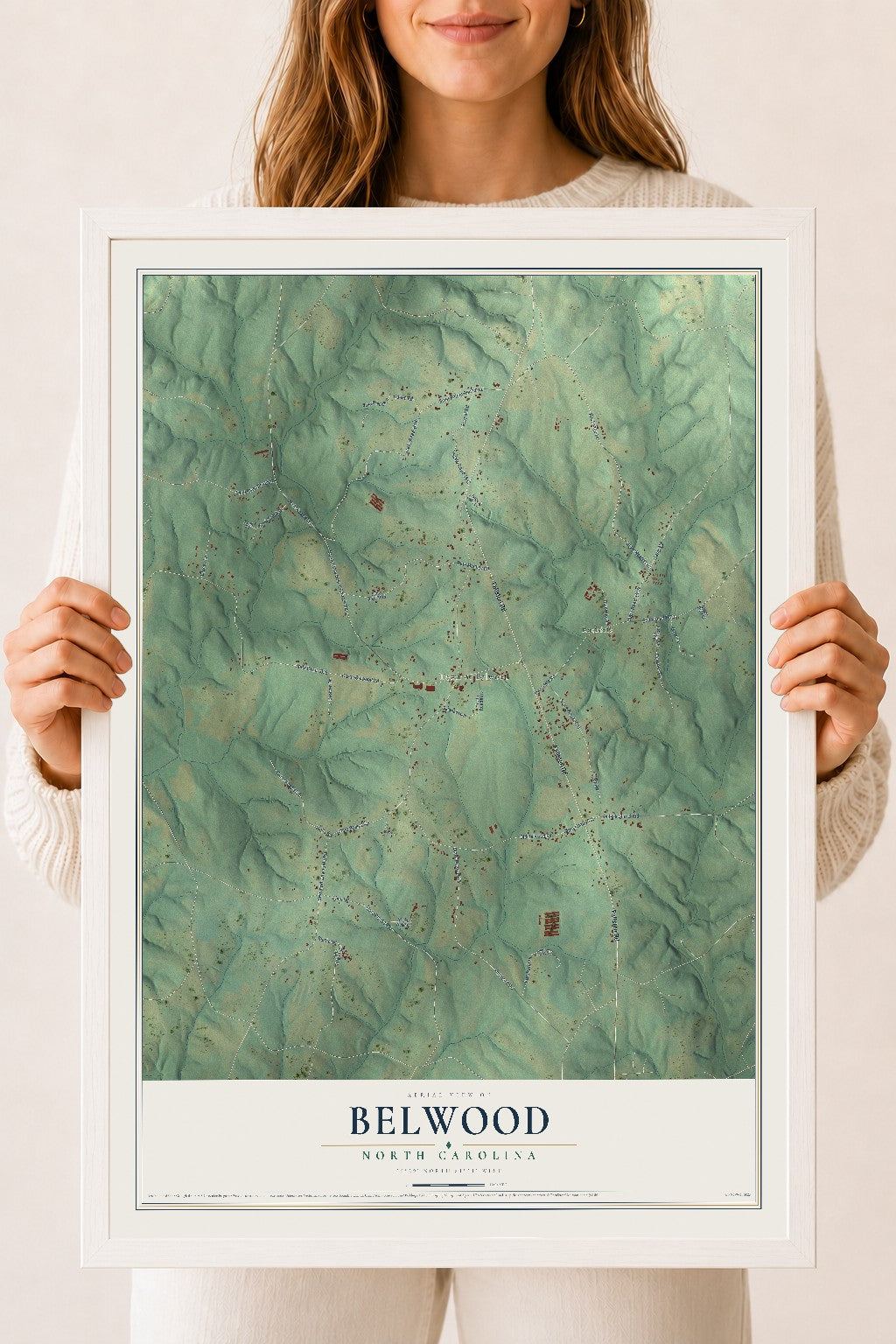 Map of Belwood, North Carolina, 18 x 24 inch print in a white wood frame