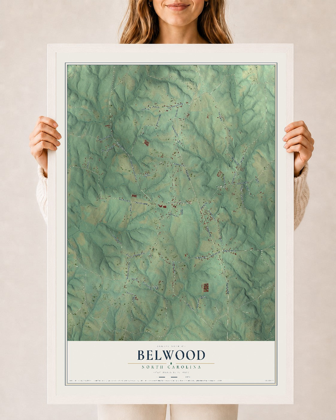 Map of Belwood, North Carolina, 24 x 36 inch print in a white wood frame