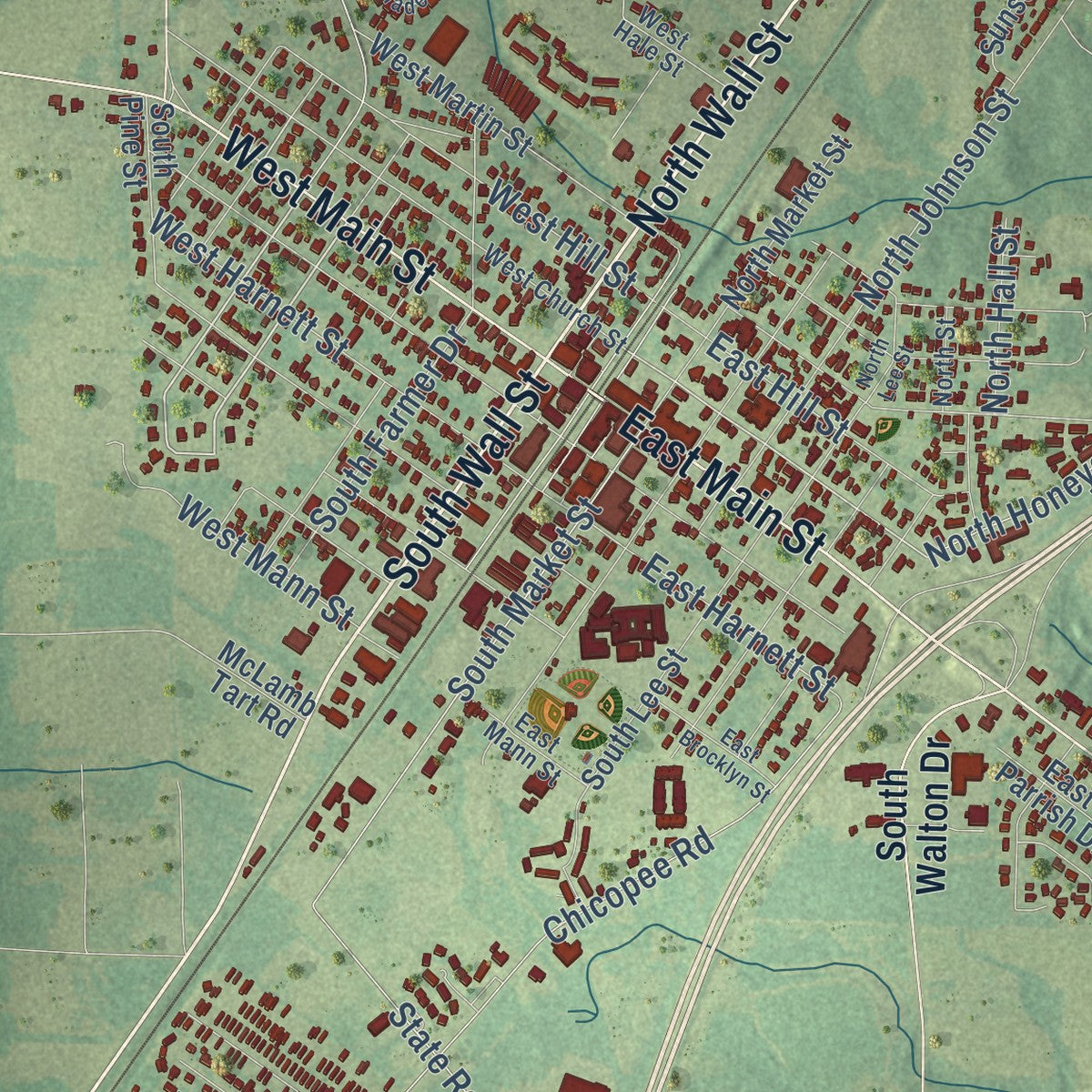 Close-up of the map of Benson, North Carolina print showing street and building detail